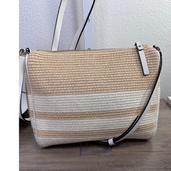 Kate Spade Straw Bow Crossbody Bag Pink White Beige Striped Leather‎ Trim - Picture 3 of 10